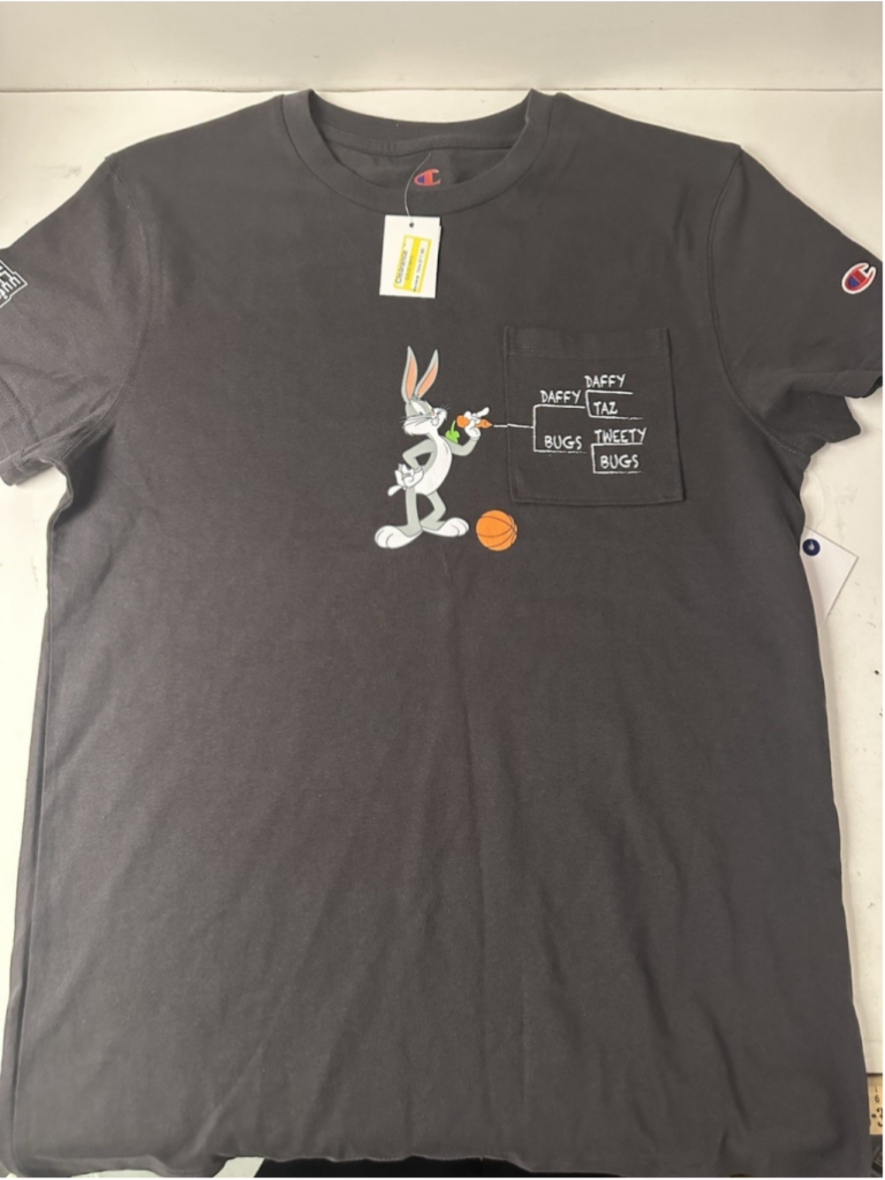 NWT Champion Space Jam Bugs Bunny Pocket T Shirt Mens M Charcoal Gray NCAA